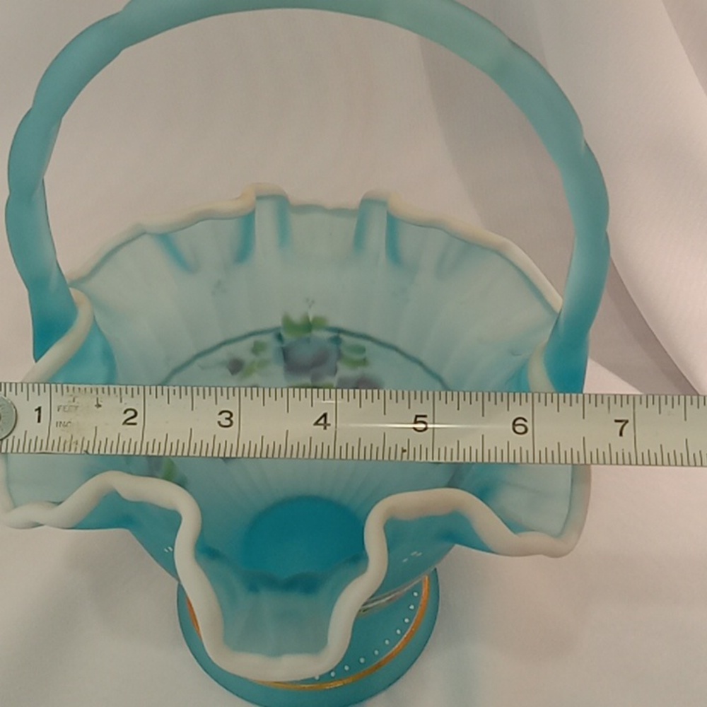 Fenton Basket Light Blue Handpainted Flowers Signed By Artist - Picture 7 of 8